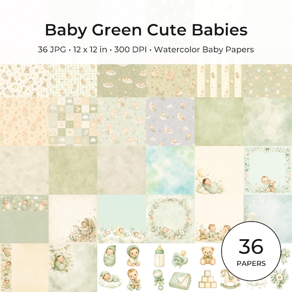 36 Watercolor Baby Papers, Green Nursery Scrapbook Patterns (JPG)