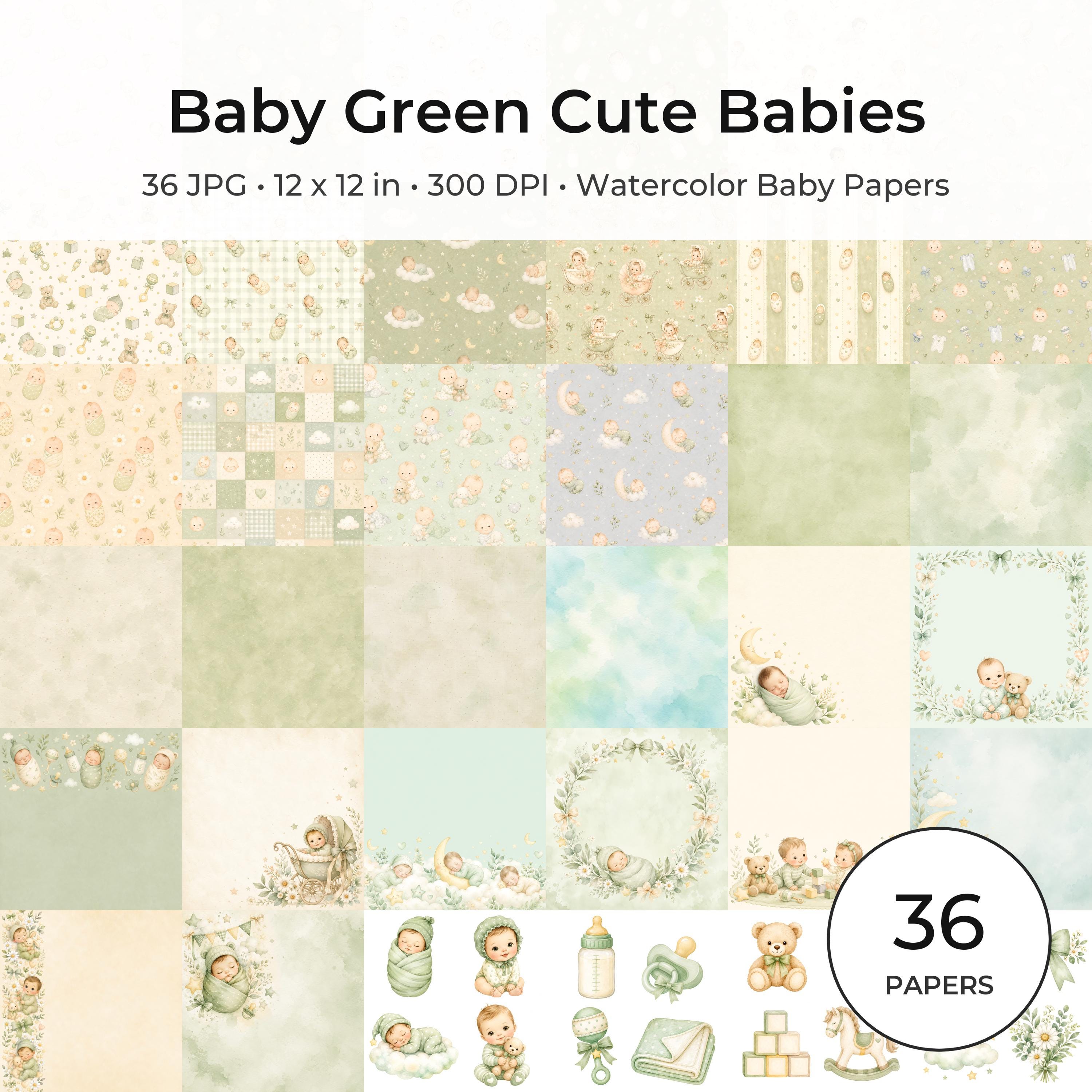 36 Watercolor Baby Papers, Green Nursery Scrapbook Patterns (JPG)