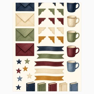 May include: A collection of stationery stickers featuring four envelopes in navy, cream, green, and maroon, various decorative corner accents, five solid-colored ribbons, eight small stars, and five upright books in matching colors and tones.