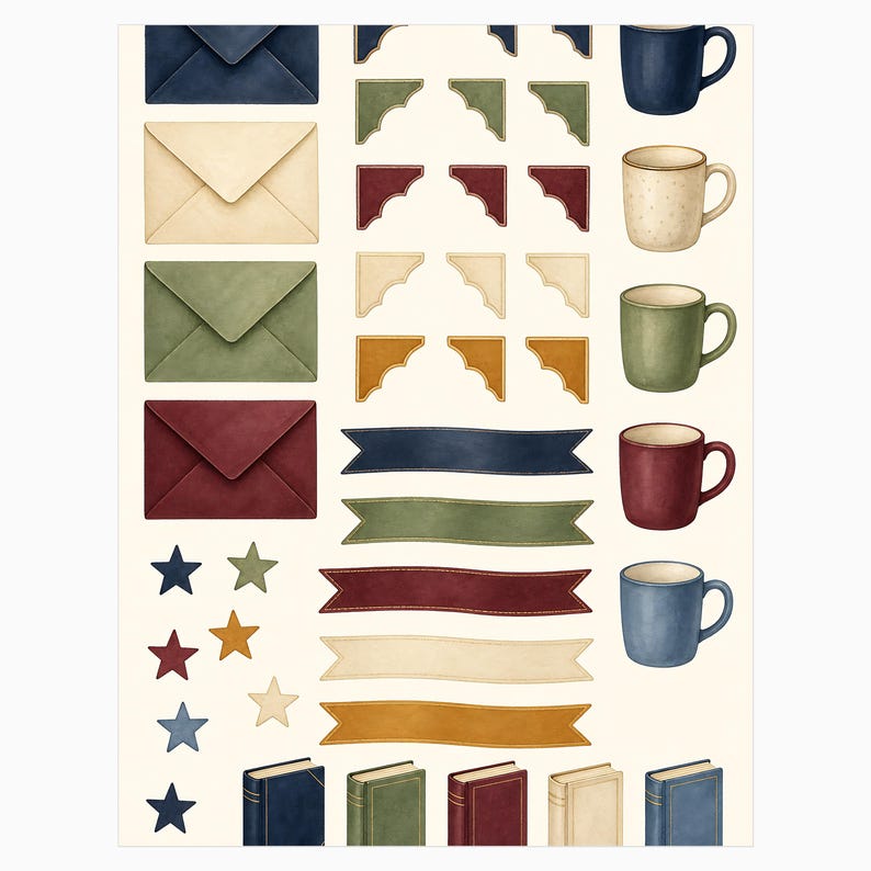 May include: A collection of stationery stickers featuring four envelopes in navy, cream, green, and maroon, various decorative corner accents, five solid-colored ribbons, eight small stars, and five upright books in matching colors and tones.