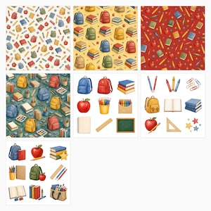 Op de afbeelding: Een verzameling digitale illustraties met schoolbenodigdheden, waaronder rugzakken, stapels boeken, rode appels, potloden, kleurpotloden, linialen, notitieboekjes en schoolborden, gerangschikt in herhalende patronen en als losse iconen.