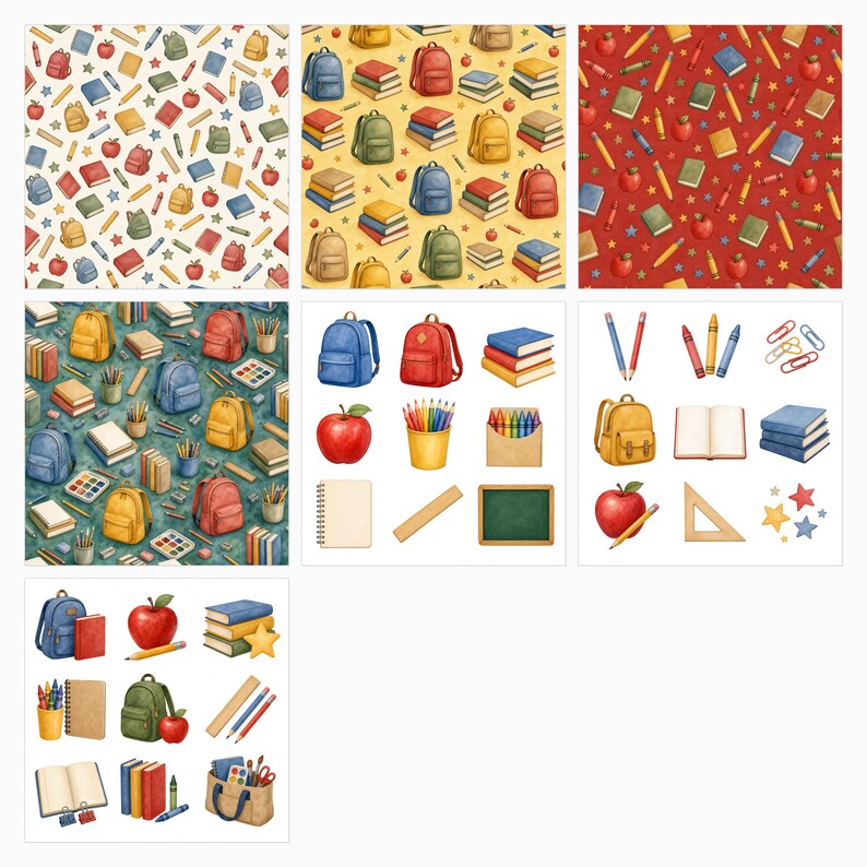 Op de afbeelding: Een verzameling digitale illustraties met schoolbenodigdheden, waaronder rugzakken, stapels boeken, rode appels, potloden, kleurpotloden, linialen, notitieboekjes en schoolborden, gerangschikt in herhalende patronen en als losse iconen.