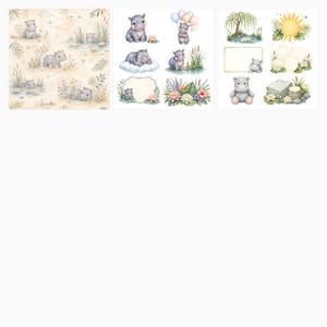Baby Hippo Safari Watercolor Papers, Nursery Scrapbook Bundle (Digital Download) preview 5