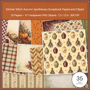 May include: A digital collection titled Kitchen Witch Autumn Apothecary Scrapbook Papers and Clipart, featuring 25 papers and 10 transparent PNG cliparts at 12 x 12 inches and 300 DPI. The designs include pumpkins, herbs, jars, and plaid patterns.