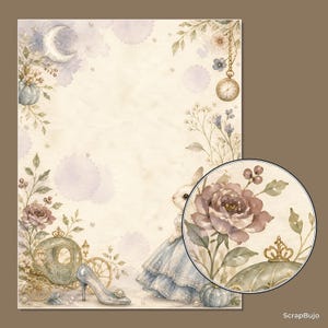 Peut inclure: Une feuille de papeterie rectangulaire avec une illustration &agrave; l'aquarelle repr&eacute;sentant un lapin en robe bleue, un carrosse citrouille, un soulier de verre, un croissant de lune et une montre &agrave; gousset, avec des fleurs et des perles.