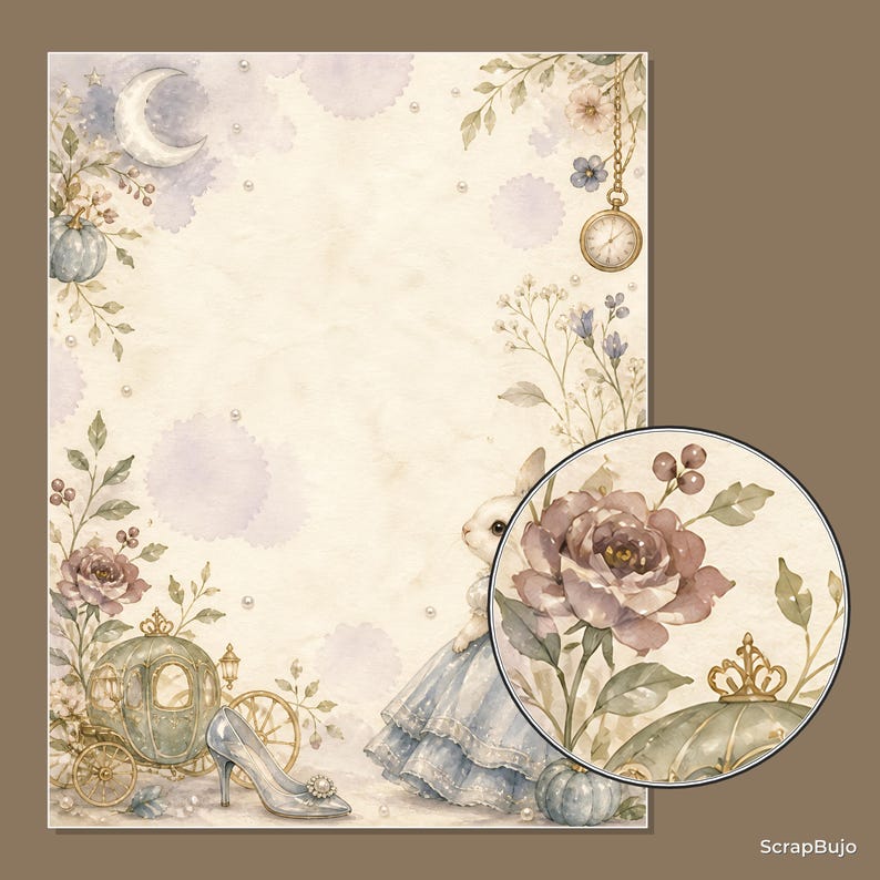 Peut inclure: Une feuille de papeterie rectangulaire avec une illustration &agrave; l'aquarelle repr&eacute;sentant un lapin en robe bleue, un carrosse citrouille, un soulier de verre, un croissant de lune et une montre &agrave; gousset, avec des fleurs et des perles.
