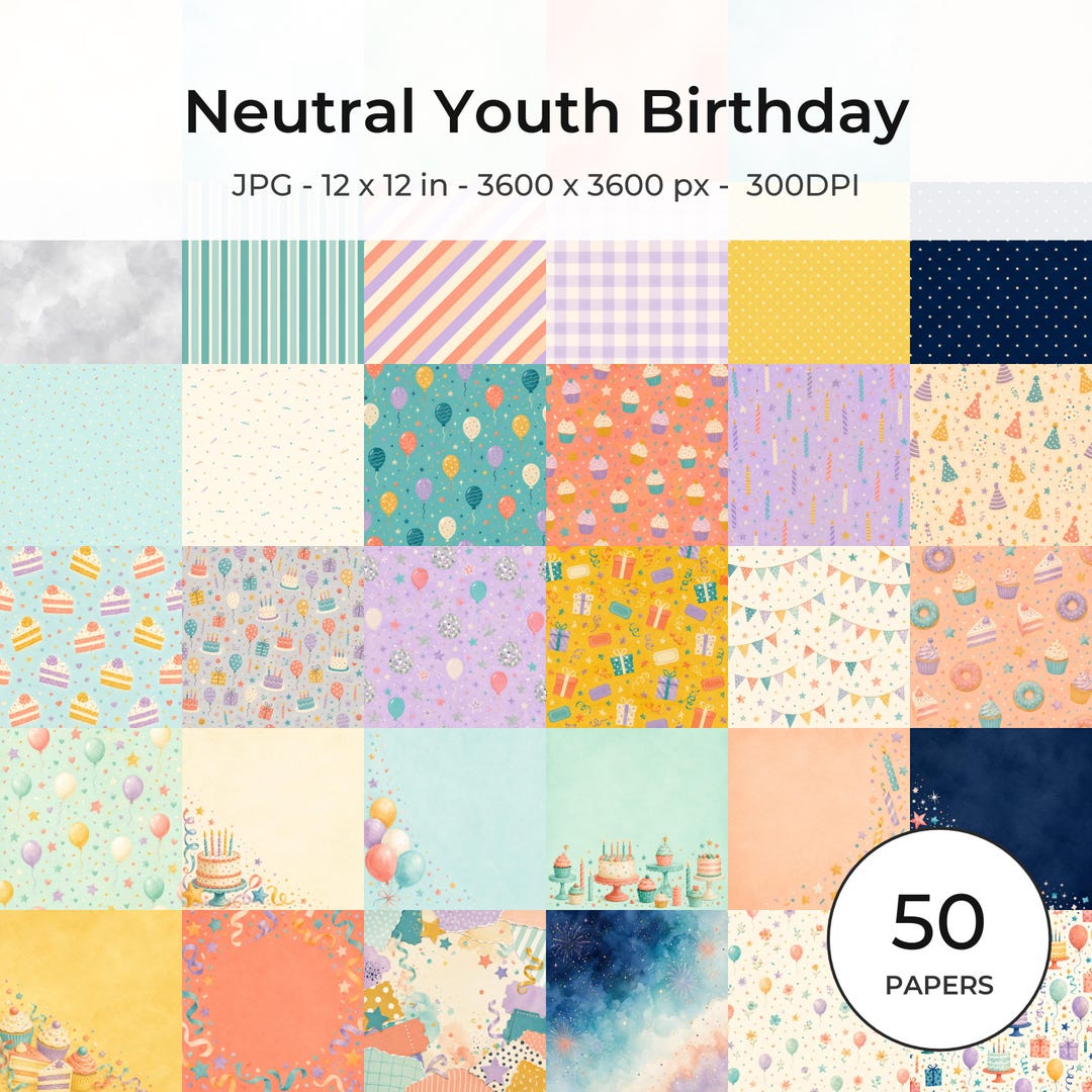 Neutral Youth Birthday Digital Paper Pack, Scrapbook Backgrounds (Digital Download)