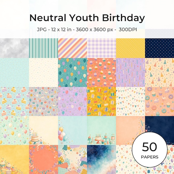 Neutral Youth Birthday Digital Paper Pack, Scrapbook Backgrounds (Digital Download)