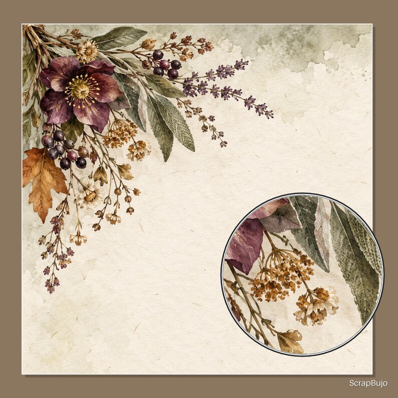 May include: A square digital illustration featuring a botanical arrangement of purple hellebore flowers, dark berries, lavender sprigs, and autumn leaves on a textured cream background. A circular inset shows a magnified view of the floral details.