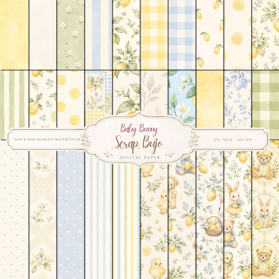 Watercolor Baby Animals Lemon Garden Digital Paper (Digital Download)
