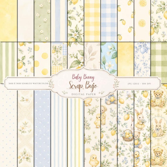 Watercolor Baby Animals Lemon Garden Digital Paper (Digital Download)