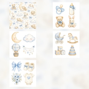 Baby Blue Watercolor Digital Paper Pack, Teddy Bear Bunny Clipart (Digital Download) preview 6