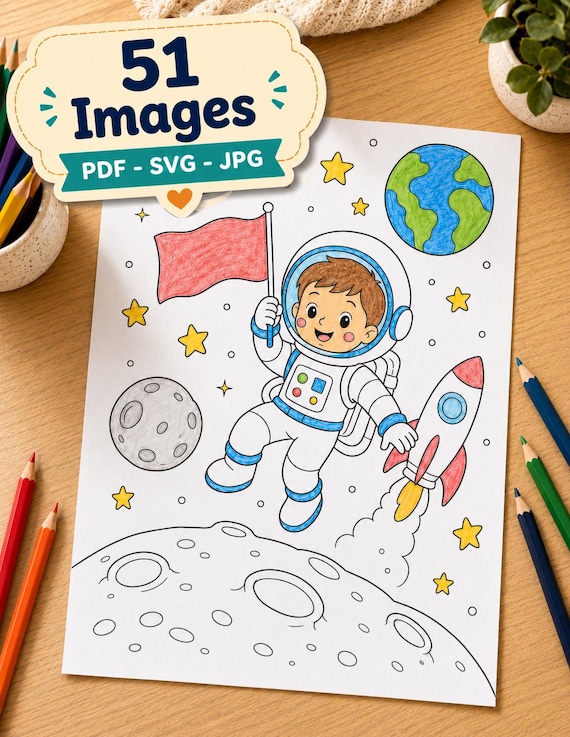 Summer Coloring Pages Bundle | Astronaut, Planets, Rockets (PDF, JPG, SVG)
