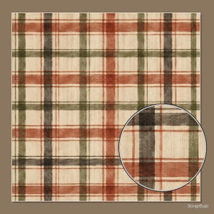 May include: A plaid pattern featuring intersecting horizontal and vertical lines in shades of rust orange, olive green, and charcoal gray on a cream background. A circular inset shows a magnified view of the texture and color details of the pattern.