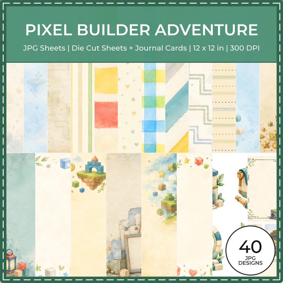Pixel Builder Adventure Scrapbook Papers, Watercolor Blocks, Gamer Journal Cards (Digital Download)