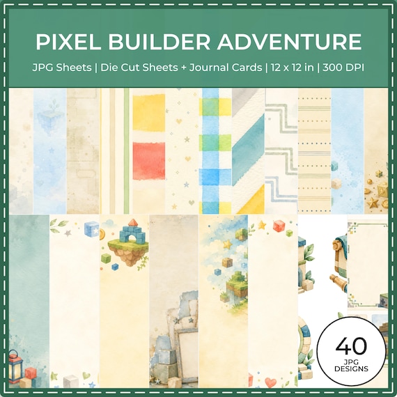 Pixel Builder Adventure Scrapbook Papers, Watercolor Blocks, Gamer Journal Cards (Digital Download)