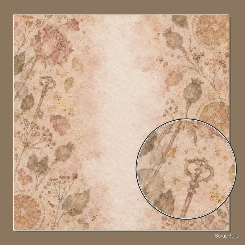 May include: A square decorative paper sheet featuring a soft pink and beige watercolor background with botanical illustrations of roses, poppy pods, dried citrus slices, and ornate keys, accented by subtle gold flecks and a circular magnifying inset.