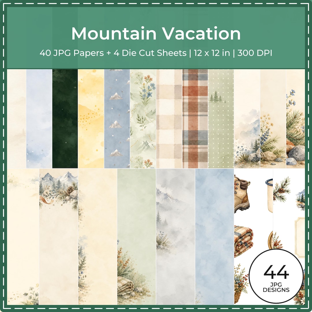 Mountain Vacation Scrapbook Bundle, Watercolor Papers, Cabin Die Cuts (Digital Download)