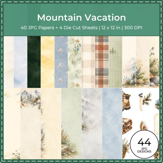 Mountain Vacation Scrapbook Bundle, Watercolor Papers, Cabin Die Cuts (Digital Download)