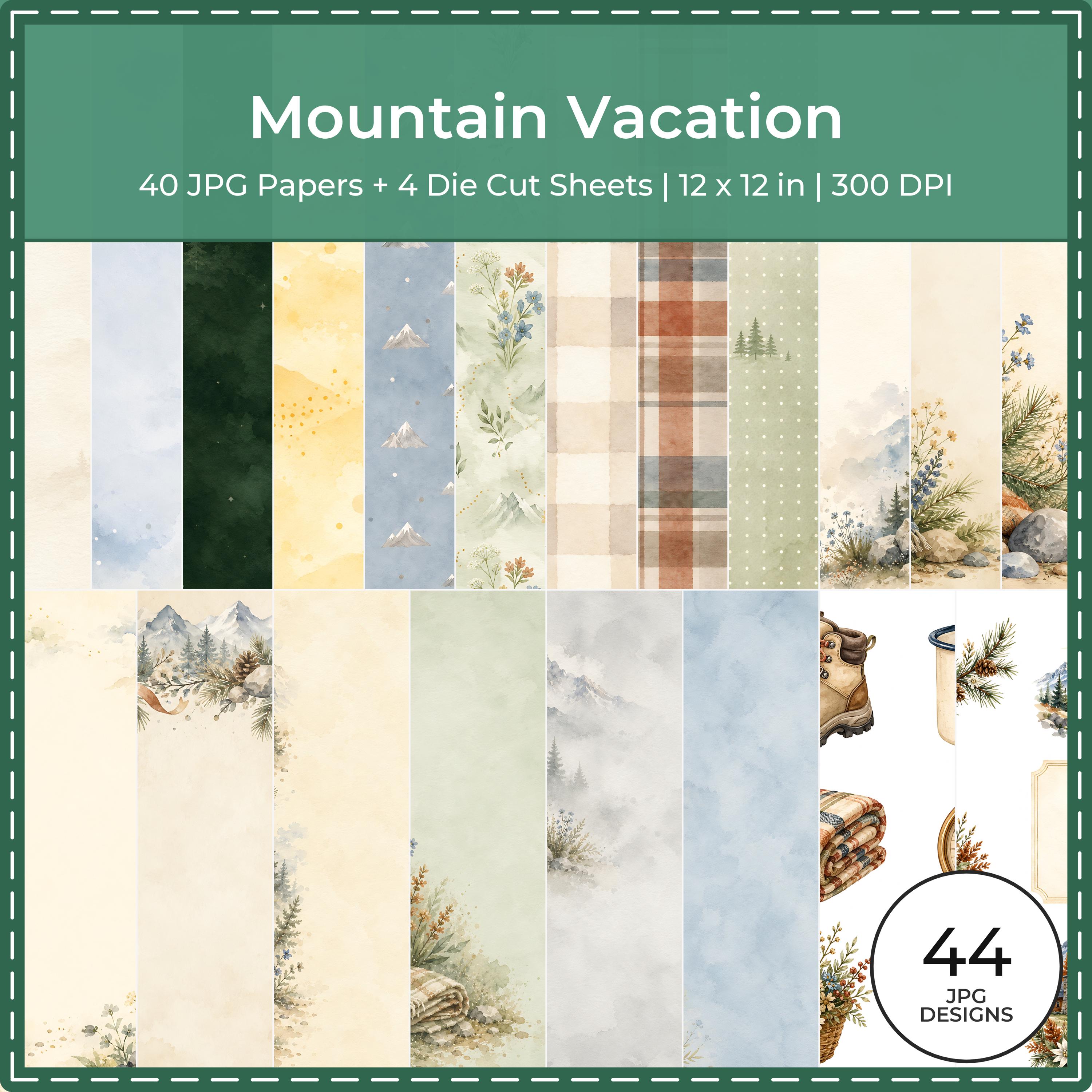 Mountain Vacation Scrapbook Bundle, Watercolor Papers, Cabin Die Cuts (Digital Download) actual digital paper preview