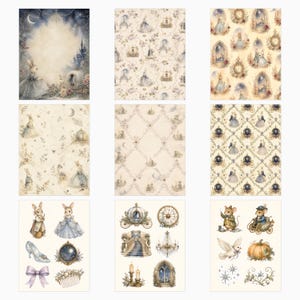 Peut inclure: Un ensemble de neuf feuilles de papier d&eacute;coratif illustr&eacute;es de lapins en tenue formelle, carrosses citrouilles, ch&acirc;teaux, horloges, lustres, pantoufles de verre et motifs floraux dans des tons bleu doux, cr&egrave;me et terreux.