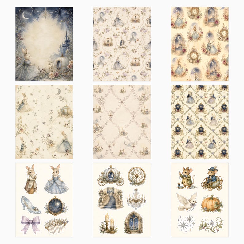 Peut inclure: Un ensemble de neuf feuilles de papier d&eacute;coratif illustr&eacute;es de lapins en tenue formelle, carrosses citrouilles, ch&acirc;teaux, horloges, lustres, pantoufles de verre et motifs floraux dans des tons bleu doux, cr&egrave;me et terreux.