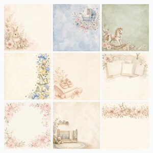 Neutral Heirloom Nursery Digital Papers Bundle, Teddy Bear Bunny Watercolor (Digital Download) preview 3