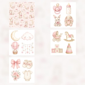 Baby Bunny Watercolor Digital Paper Pack, Pink Nursery Scrapbook Pages (Digital Download) preview 5