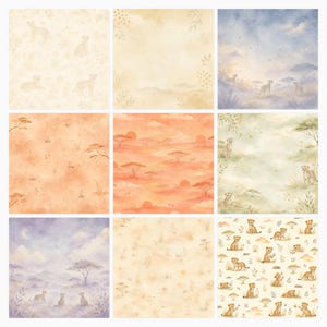 Baby Cheetah Safari Sunset Watercolor Papers, Nursery Scrapbook Bundle (Digital Download) preview 2