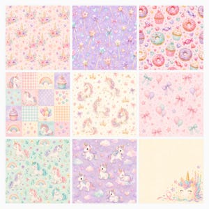 Pastel Unicorn Digital Paper Pack, Girls Birthday Scrapbook, Watercolor Magic (50 JPG Papers) preview 6