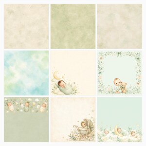 36 Watercolor Baby Papers, Green Nursery Scrapbook Patterns (JPG) preview 4