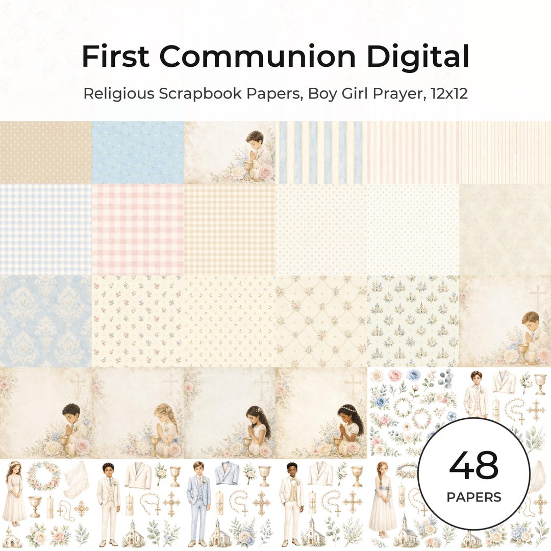 First Communion Watercolor Digital Paper Pack, Religious Scrapbook Pages (Digital Download)
