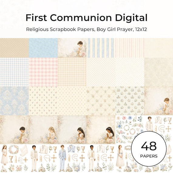 First Communion Watercolor Digital Paper Pack, Religious Scrapbook Pages (Digital Download)