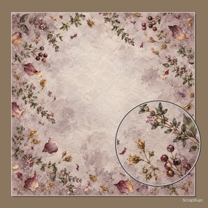 May include: A square paper sheet with a textured, light mauve watercolor background featuring a botanical border of dried leaves, small flowers, and dark berries. A circular inset highlights a detailed view of the floral and berry elements.