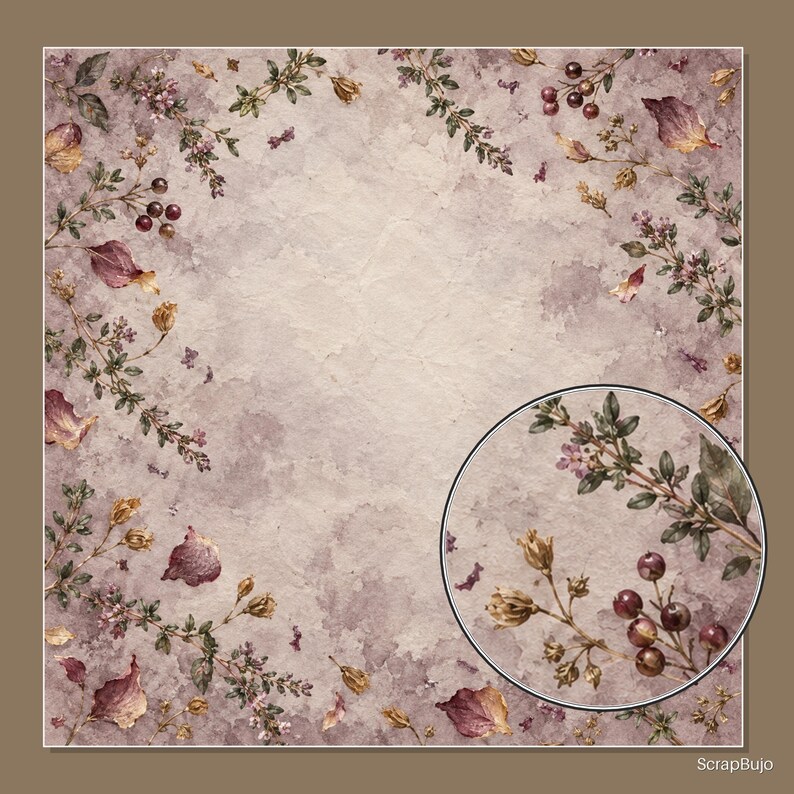 May include: A square paper sheet with a textured, light mauve watercolor background featuring a botanical border of dried leaves, small flowers, and dark berries. A circular inset highlights a detailed view of the floral and berry elements.