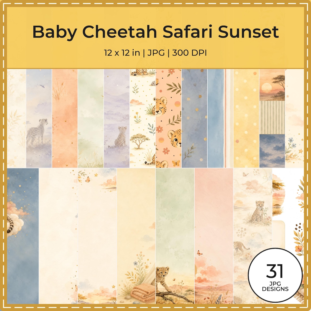 Baby Cheetah Safari Sunset Watercolor Papers, Nursery Scrapbook Bundle (Digital Download)