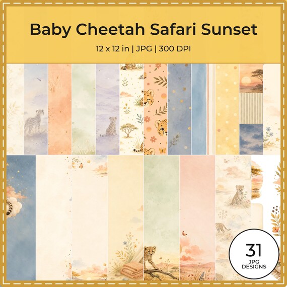 Baby Cheetah Safari Sunset Watercolor Papers, Nursery Scrapbook Bundle (Digital Download)
