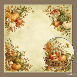 May include: A square decorative paper sheet featuring a light green parchment-style background with autumn-themed illustrations of pumpkins, red apples, mushrooms, and foliage in the corners, plus a circular inset showing a basket of apples.