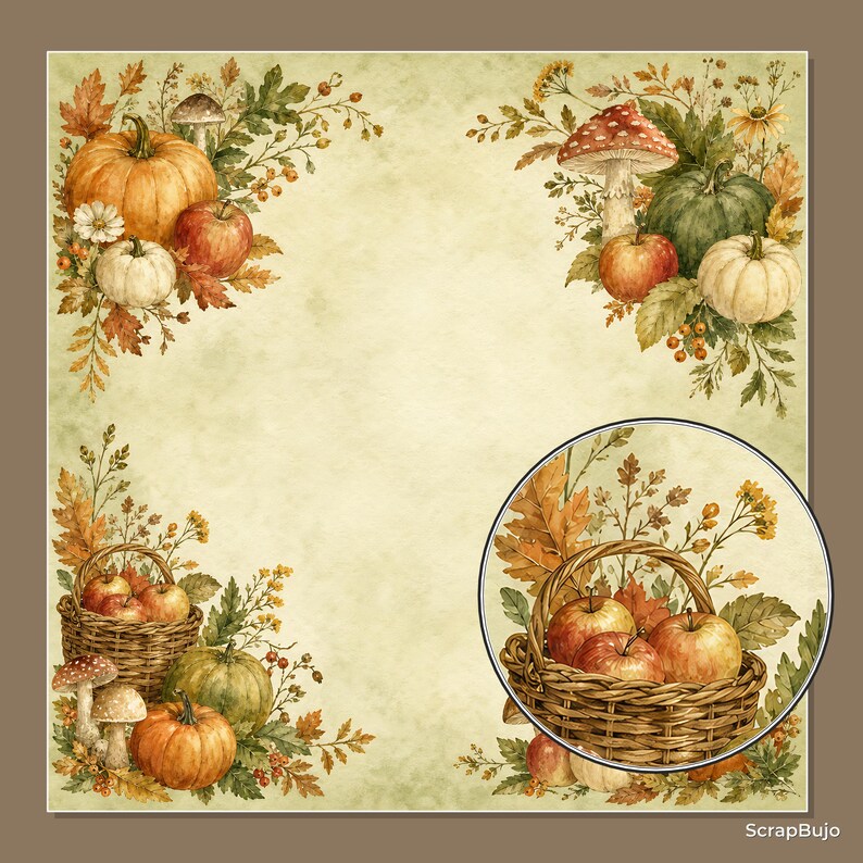May include: A square decorative paper sheet featuring a light green parchment-style background with autumn-themed illustrations of pumpkins, red apples, mushrooms, and foliage in the corners, plus a circular inset showing a basket of apples.