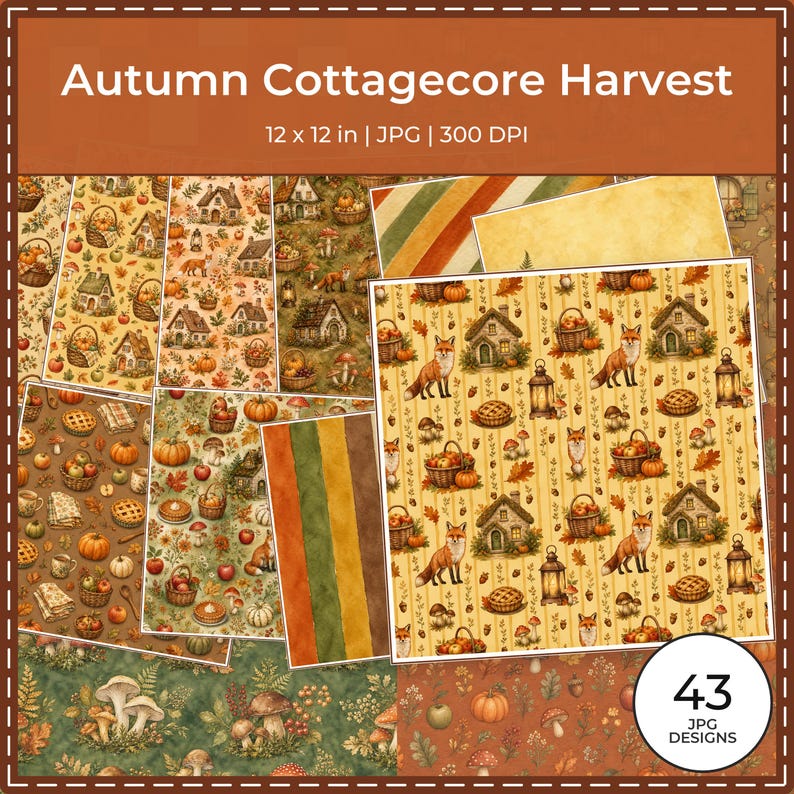 May include: A digital collection of 43 patterned papers titled Autumn Cottagecore Harvest, 12 x 12 in, 300 DPI. The designs feature illustrations of foxes, cottages, pumpkins, baskets of apples, lanterns, mushrooms, and autumn leaves in warm tones.