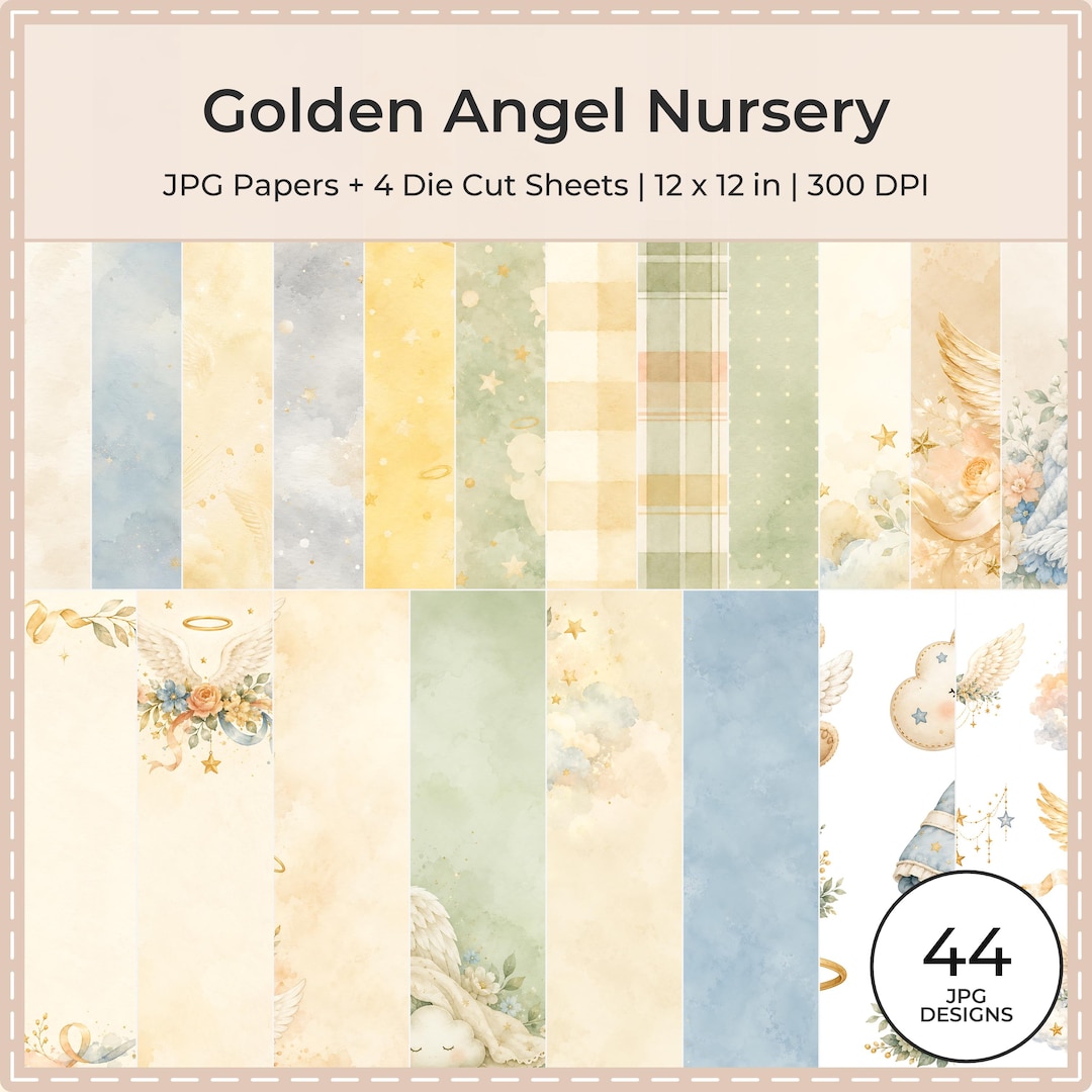 Golden Angel Nursery Papers, Watercolor Baby Angel Die Cuts (Digital Download)