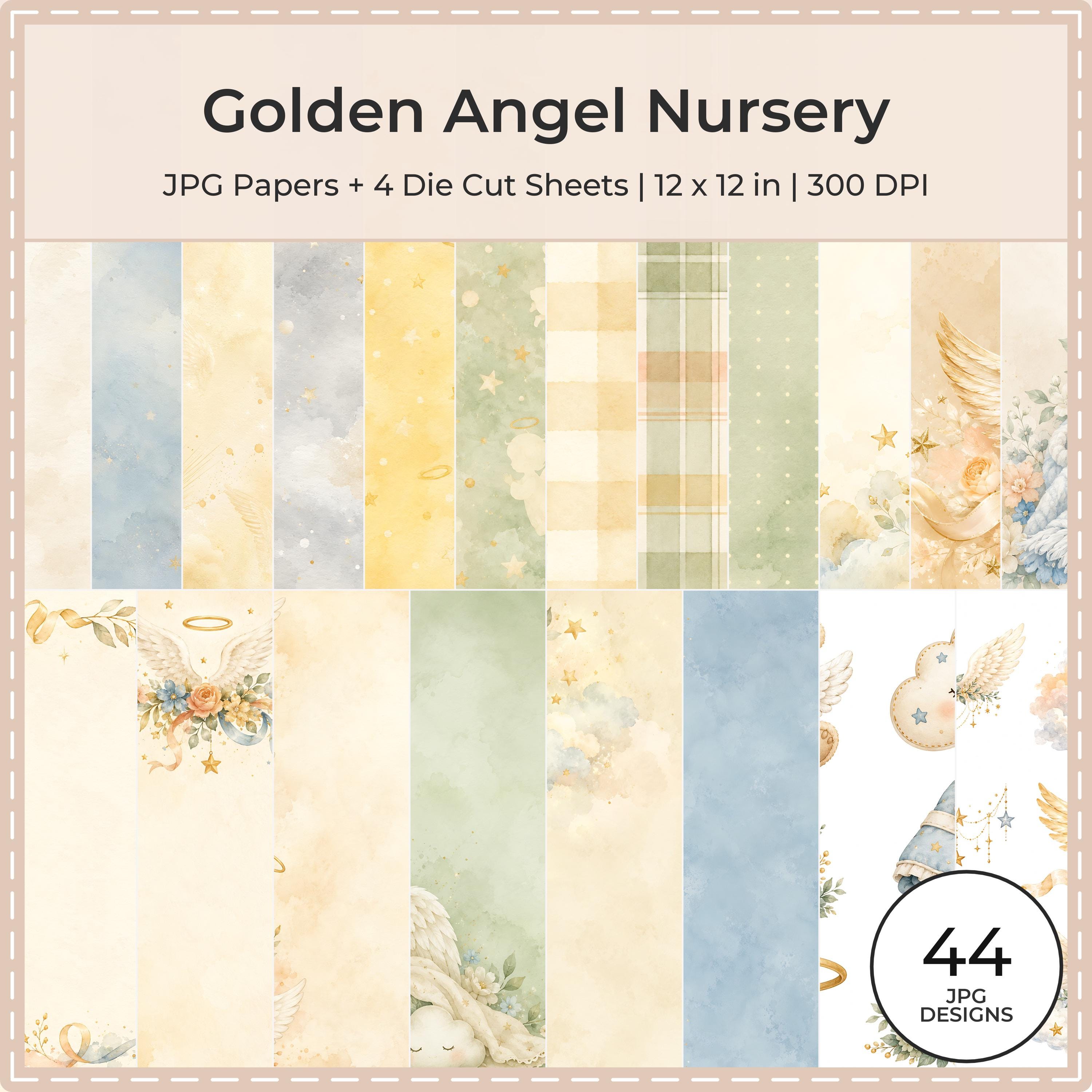 Golden Angel Nursery Papers, Watercolor Baby Angel Die Cuts