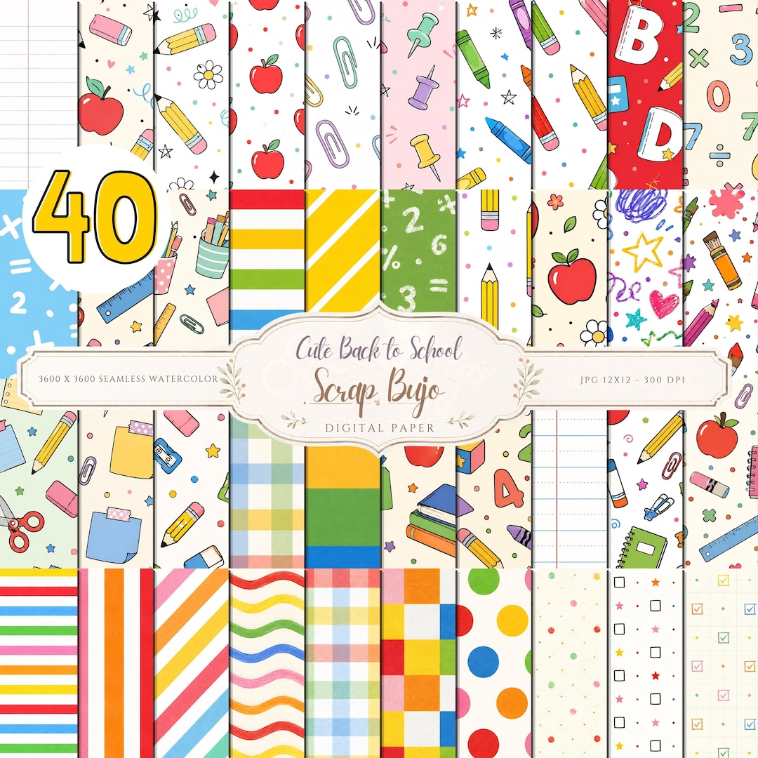 Back to School Digital Paper Pack, 40 Scrapbook Papers, Teacher Classroom Backgrounds (Digital Download)
