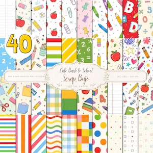 Op de afbeelding: Een collectie van 40 digitale papiermotieven met illustraties in schoolthema, waaronder appels, potloden, linialen, boeken en wiskundige symbolen, naast kleurrijke strepen, stippen en ruitpatronen met de tekst 40 en Scrap Bujo.