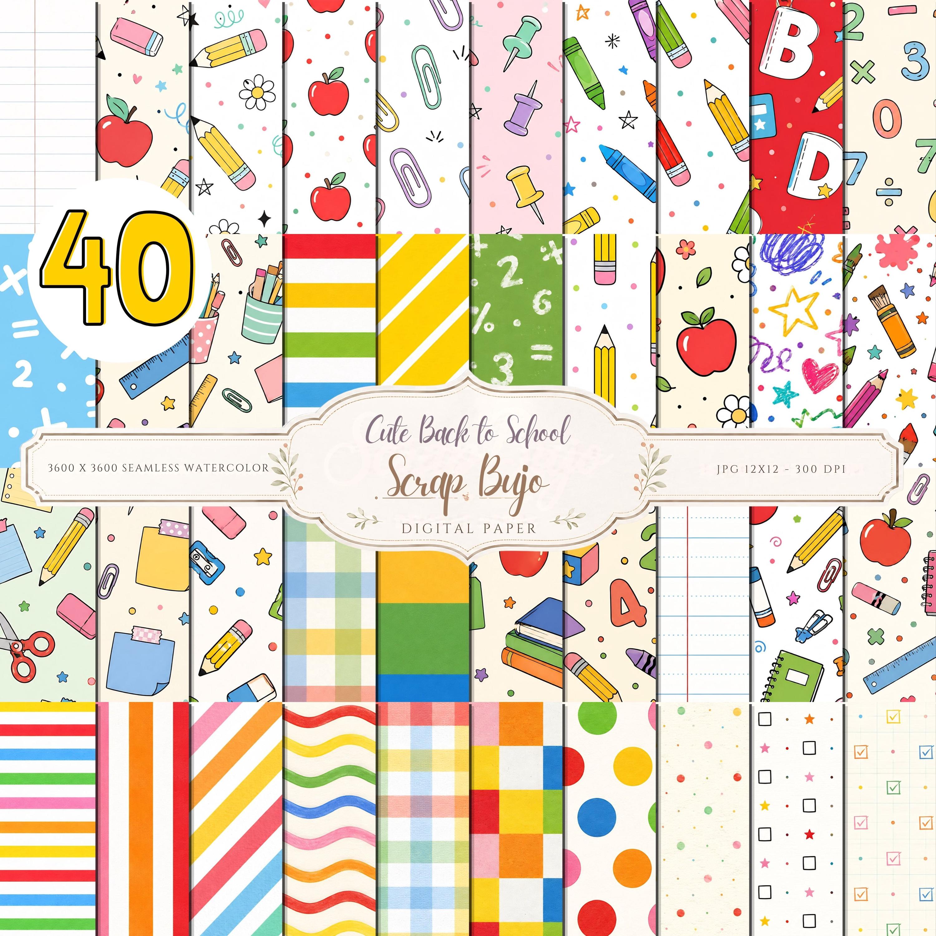 Back to School Digital Paper Pack, 40 Scrapbook Papers, Teacher Classroom Backgrounds (Digital Download) paper preview 1