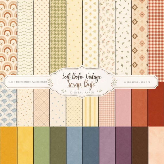 Soft Boho Vintage Digital Paper Pack Patterns, Textured Solids (Digital Download)