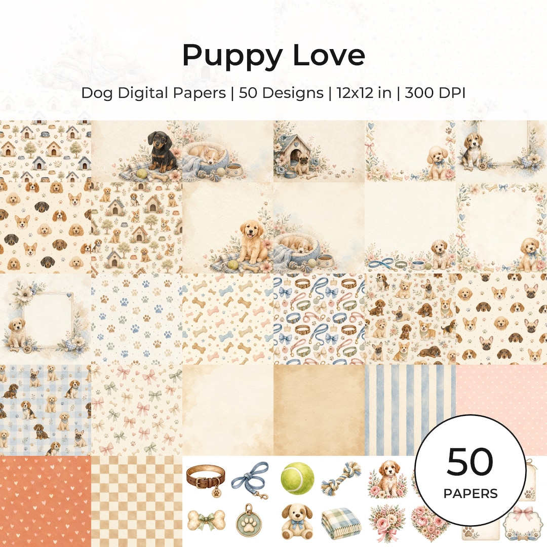 Puppy Love Dog Digital Papers, Watercolor Puppy Patterns (12×12 Inch JPG)