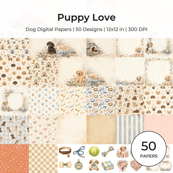 Puppy Love Dog Digital Papers, Watercolor Puppy Patterns (12×12 Inch JPG)