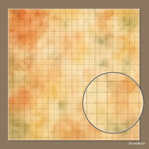May include: A square grid paper sheet featuring a watercolor wash in shades of orange, yellow, and muted green. A circular magnifying inset shows a close-up of the grid lines and the textured watercolor background. The text ScrapBujo is visible.