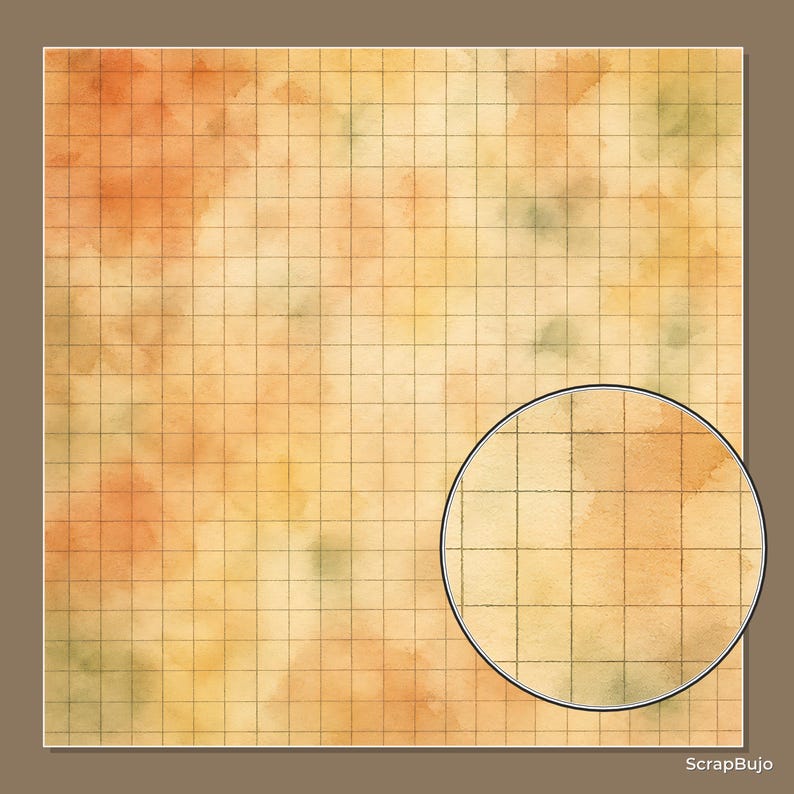May include: A square grid paper sheet featuring a watercolor wash in shades of orange, yellow, and muted green. A circular magnifying inset shows a close-up of the grid lines and the textured watercolor background. The text ScrapBujo is visible.